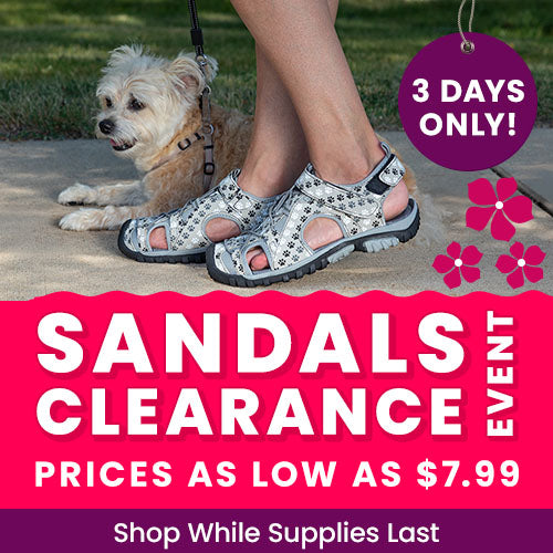 Shop the Sandals Clearance Event with 3 days only prices as low as $7.99 on paw-print walking sandals. Proceeds help support shelter pets and more through The Animal Rescue Site and GreaterGood.