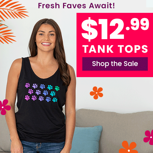 Shop Fresh Faves Await Tank Tops for $12.99 featuring colorful paw print patterns. Proceeds help support shelter pets and more through The Animal Rescue Site and GreaterGood.