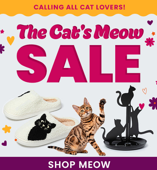 Shop The Cat's Meow Sale featuring cozy black cat slippers and decorative metal cat organizers. Proceeds help support shelter pets and more through The Animal Rescue Site and GreaterGood.