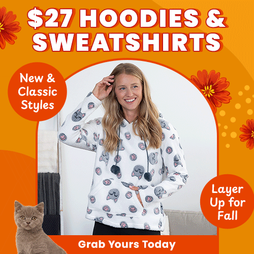 Shop for new and classic hoodies and sweatshirts, priced at $27, perfect for layering up for fall. Proceeds help support shelter pets and more through The Animal Rescue Site and GreaterGood.