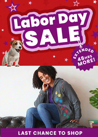 Shop the extended Labor Day Sale with 48 hours more for your last chance to shop deals on apparel and footwear like paw-print hoodies and sneakers. Proceeds help support shelter pets and more through The Animal Rescue Site and GreaterGood.