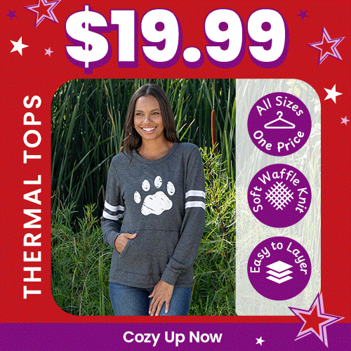 Shop Thermal Tops for just $19.99, featuring a soft waffle knit, pocket, striped sleeves, and a distressed paw print design. Proceeds help support shelter pets and more through The Animal Rescue Site and GreaterGood.