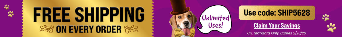 Free Shipping on Every Order promotion from The Animal Rescue Site and GreaterGood; proceeds help support shelter pets and more, featuring gold ticket graphic and dog in brown top hat with bow tie.