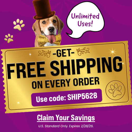 Free Shipping on Every Order promotion from The Animal Rescue Site and GreaterGood; proceeds help support shelter pets and more, featuring gold ticket graphic and dog in brown top hat with bow tie.
