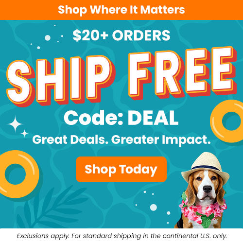 Free shipping promotion for orders over $20 by The Animal Rescue Site and GreaterGood, featuring code DEAL. Proceeds help support shelter pets and more through featured summer essentials like this beagle wearing a straw hat.