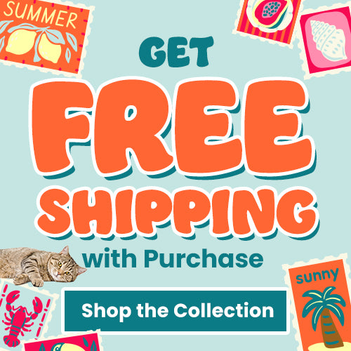Get Free Shipping with Purchase: Summer banner featuring a tabby cat and vibrant seasonal stamps. By The Animal Rescue Site and GreaterGood. Proceeds help support shelter pets and more.