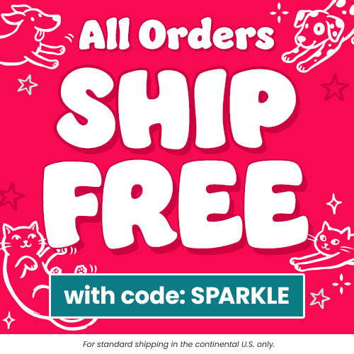 All Orders Ship Free with code SPARKLE: Pink banner with white illustrated cats and dogs. By The Animal Rescue Site and GreaterGood. Proceeds help support shelter pets and more.