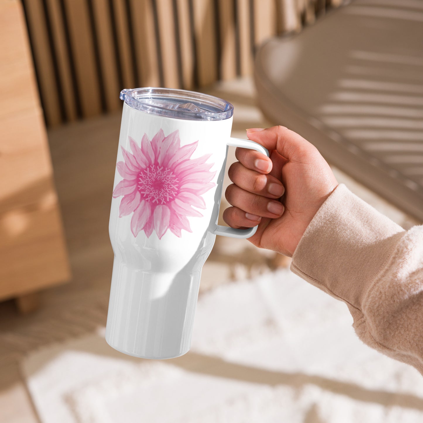 Pink Ribbon Sunflower 25oz Handle Tumbler Travel Mug