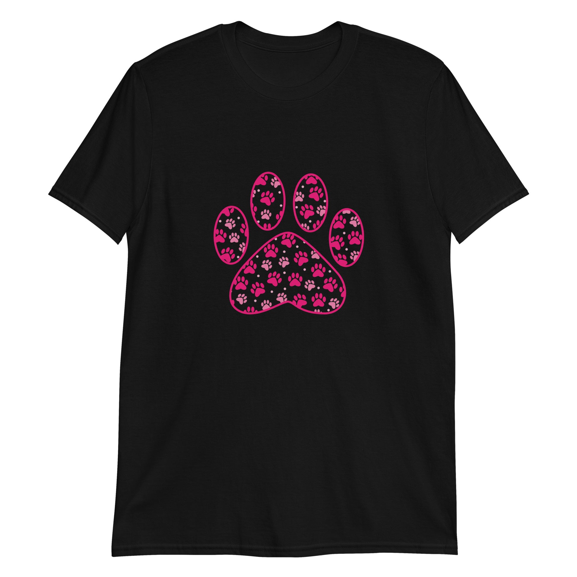 Black short sleeve shirt with a pink paw print filled with mini pink paw prints