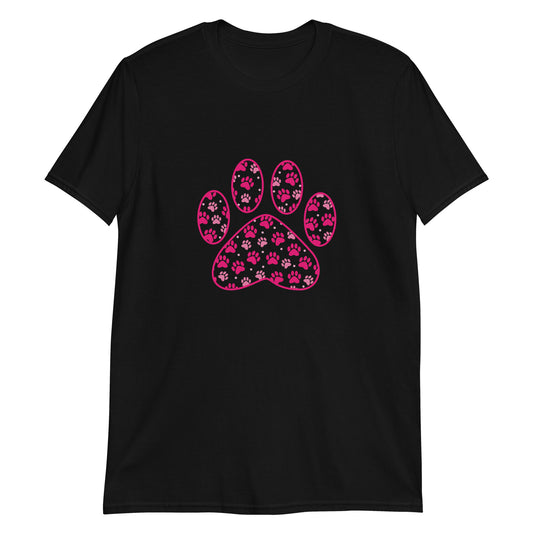 Black short sleeve shirt with a pink paw print filled with mini pink paw prints