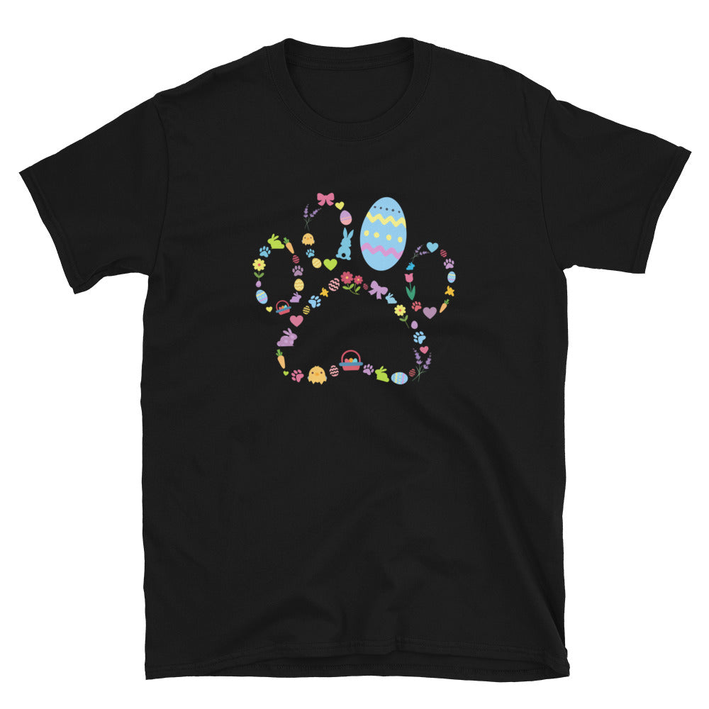 Black t-shirt with colorful paw print design featuring Easter elements on a white background