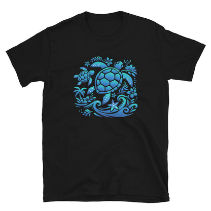 Black t-shirt with blue turtle design on a white background