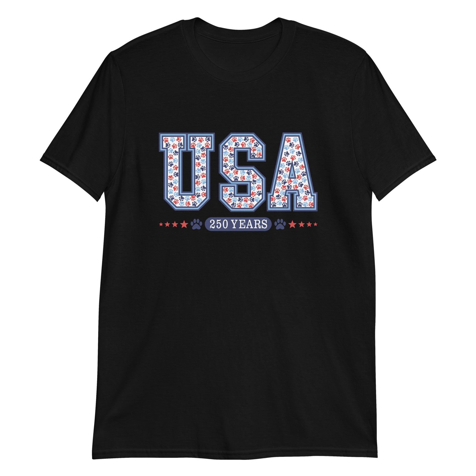 Black t-shirt with 'USA 250 Years' text design on a white background