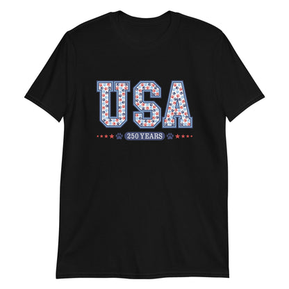 Black t-shirt with 'USA 250 Years' text design on a white background