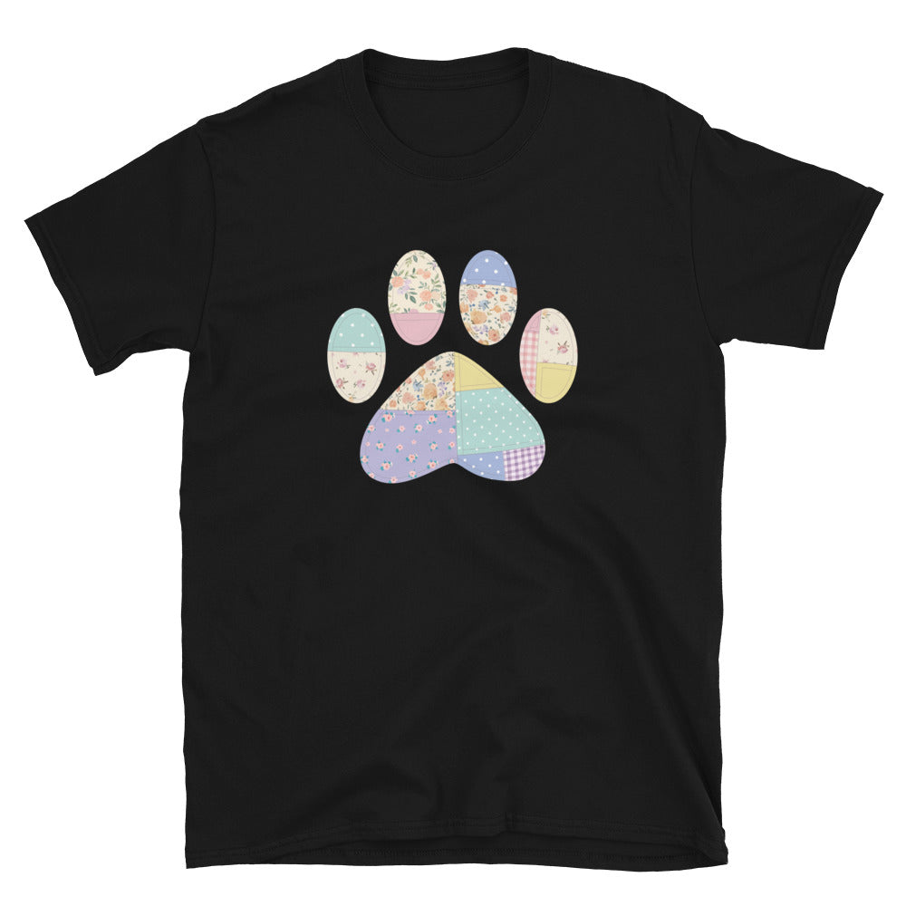 Black t-shirt with a colorful paw print design on a white background