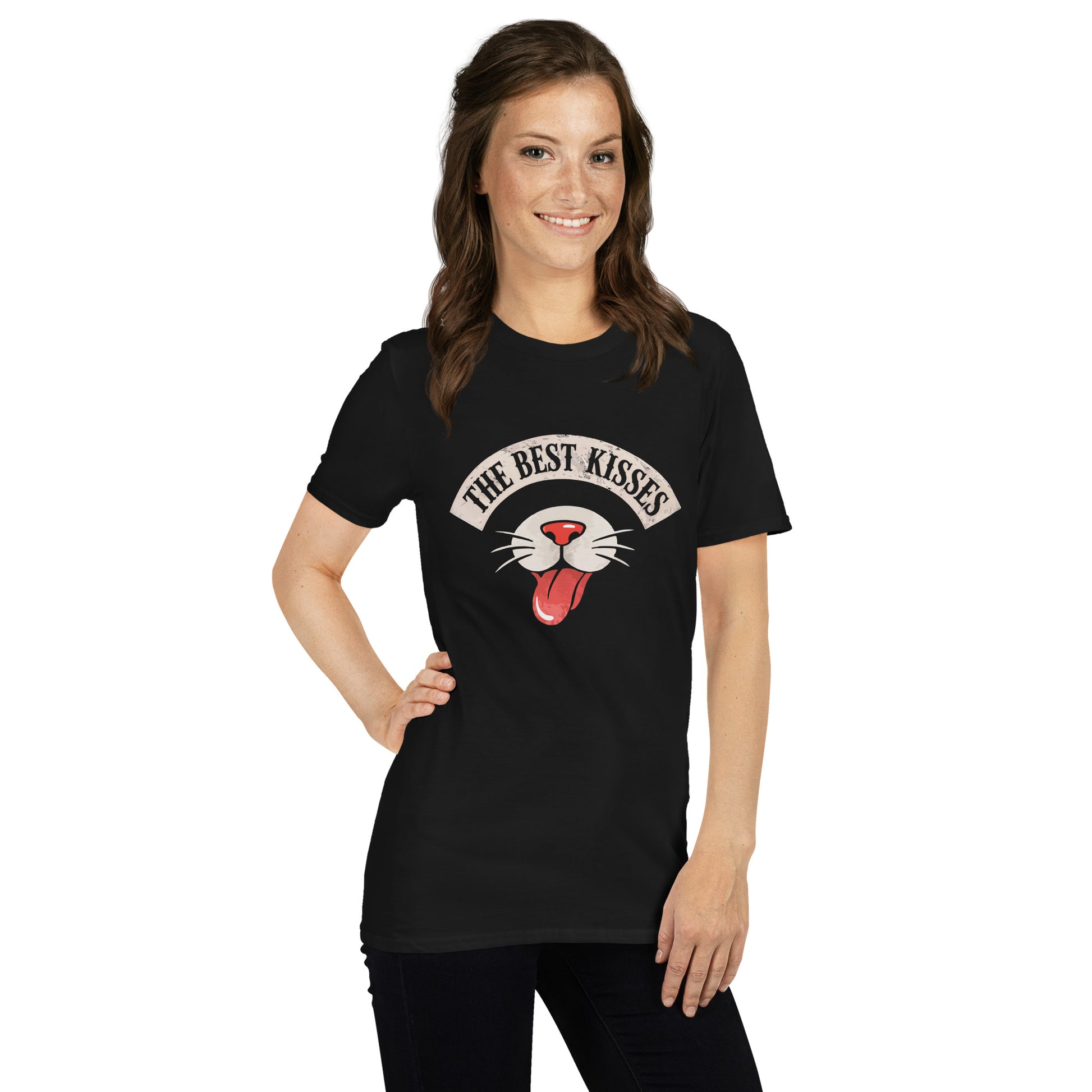 Woman wearing a Black t-shirt with a graphic of a cat's face and 'The Best Kisses' text on a white background
