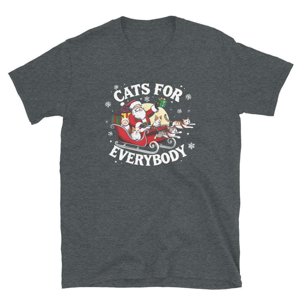 Santa in a sleigh being led by cats that says cats for everybody design on a dark gray shirt