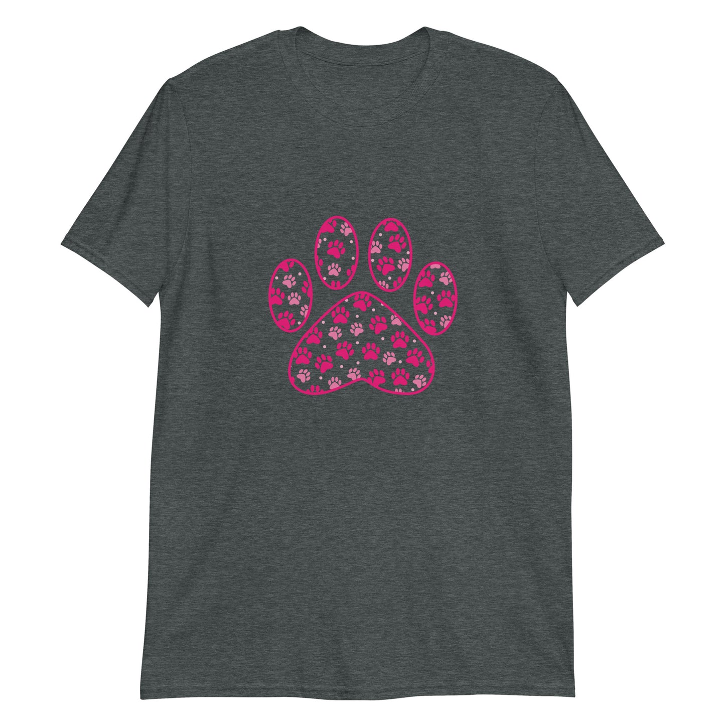 Dark Gray short sleeve shirt with a pink paw print filled with mini pink paw prints
