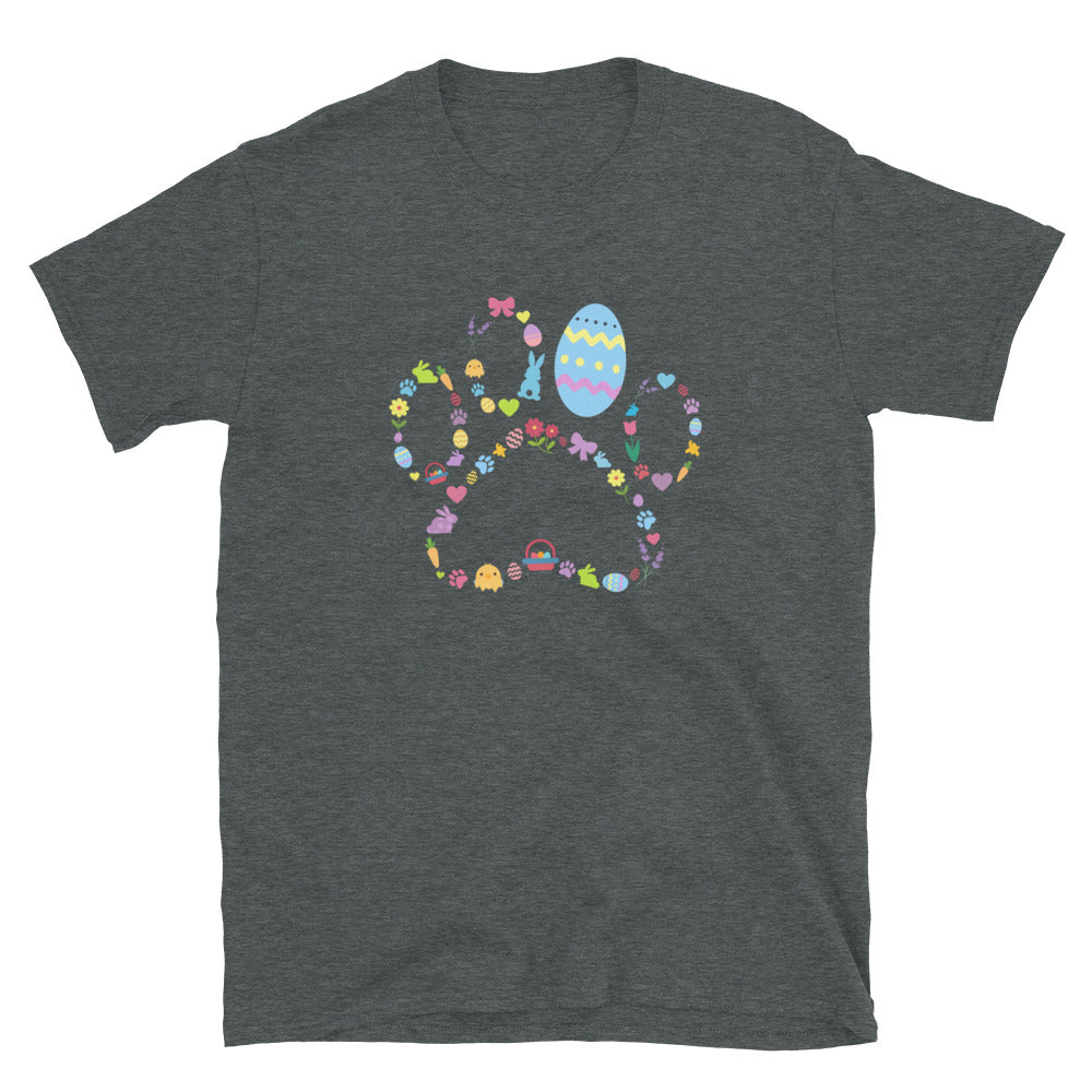Dark gray t-shirt with colorful Easter design on a white background