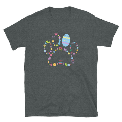 Dark gray t-shirt with colorful Easter design on a white background