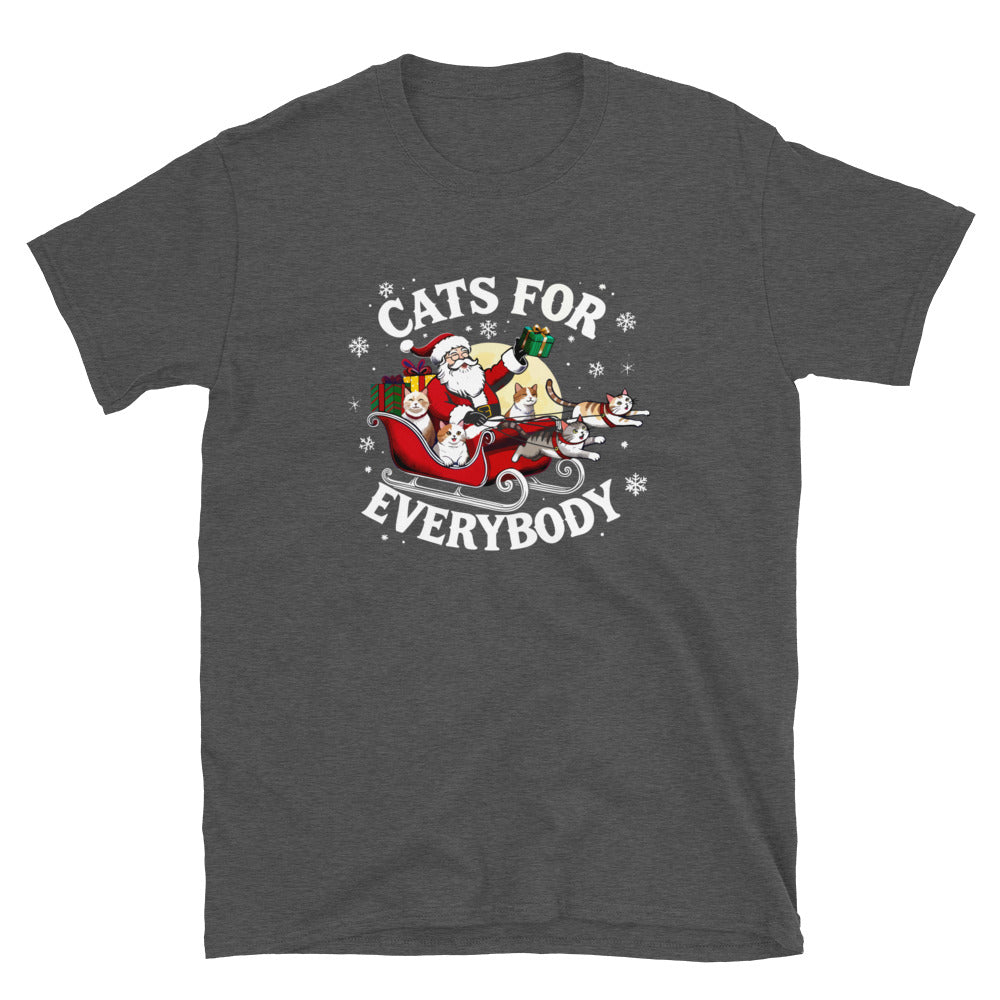 Santa in a sleigh being led by cats that says cats for everybody design on a charcoal gray shirt