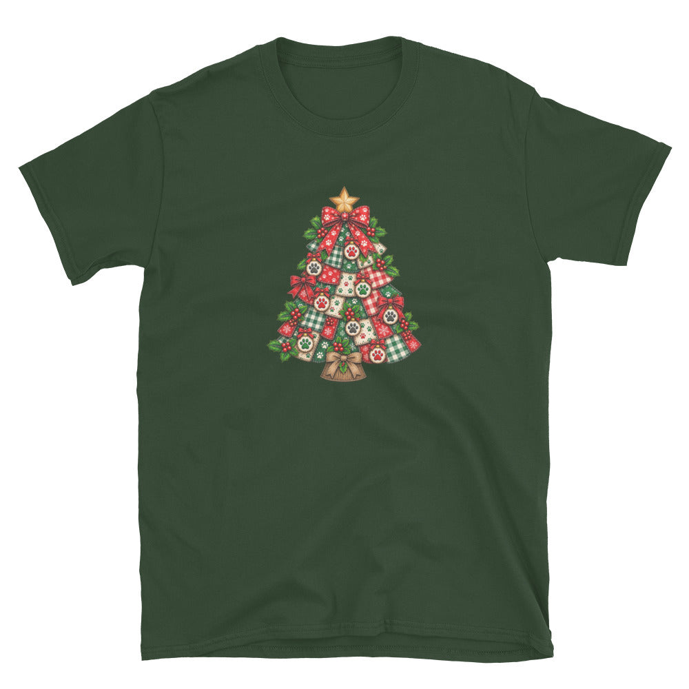 Dark Green short sleeve tee with a quilted Christmas tree design on it.