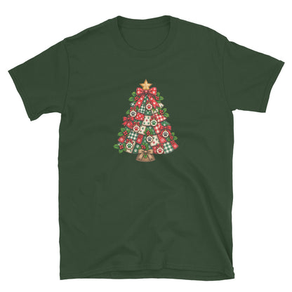 Dark Green short sleeve tee with a quilted Christmas tree design on it.
