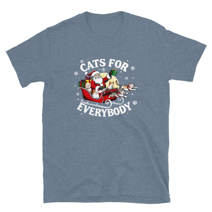 Santa in a sleigh being led by cats that says cats for everybody design on a heathered indigo blue shirt