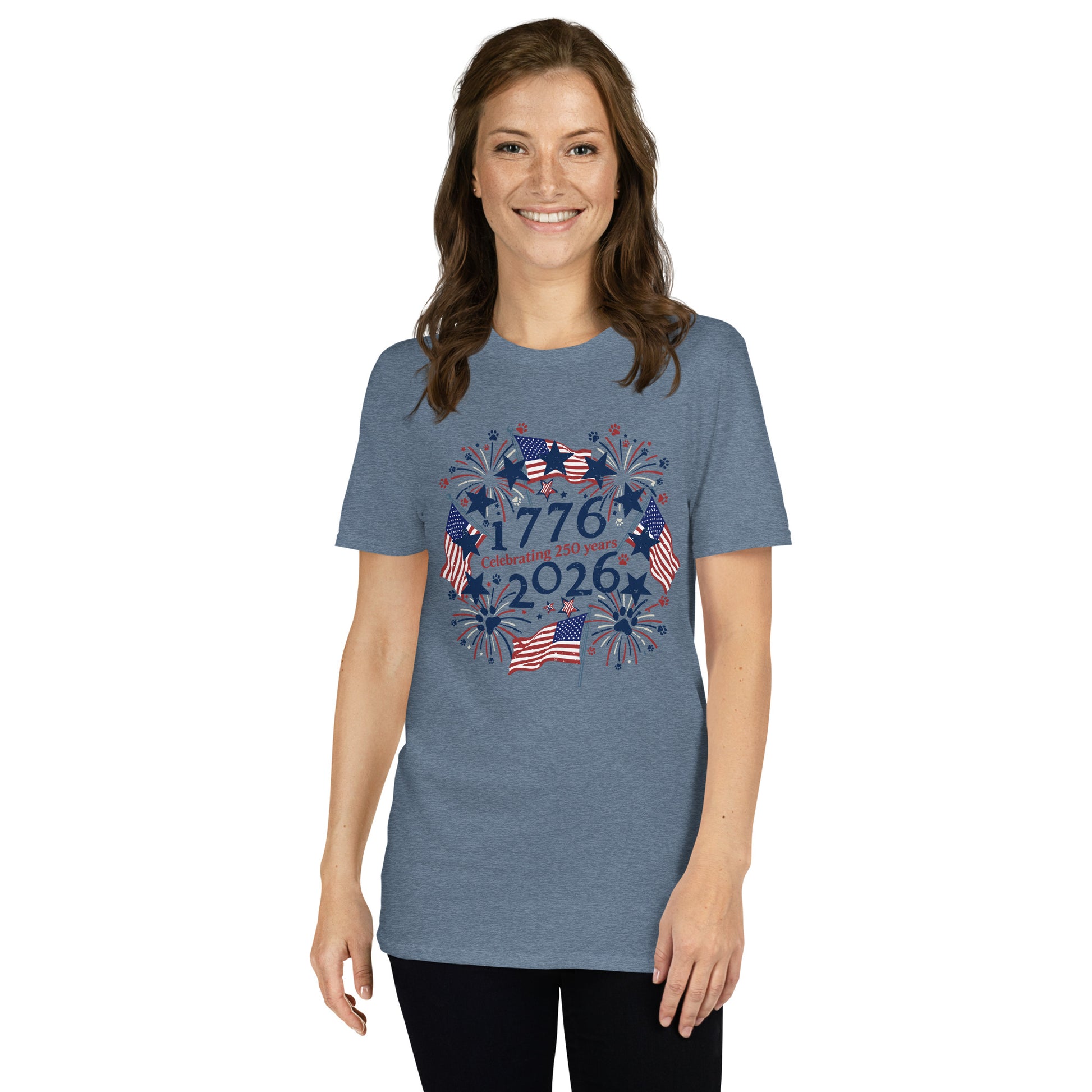 Woman wearing a blue t-shirt with American flag and paw print on a white background