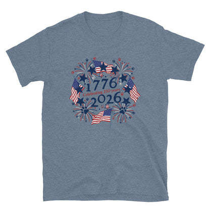 Navy Blue t-shirt with 'celebrating 250 years' text on a white background