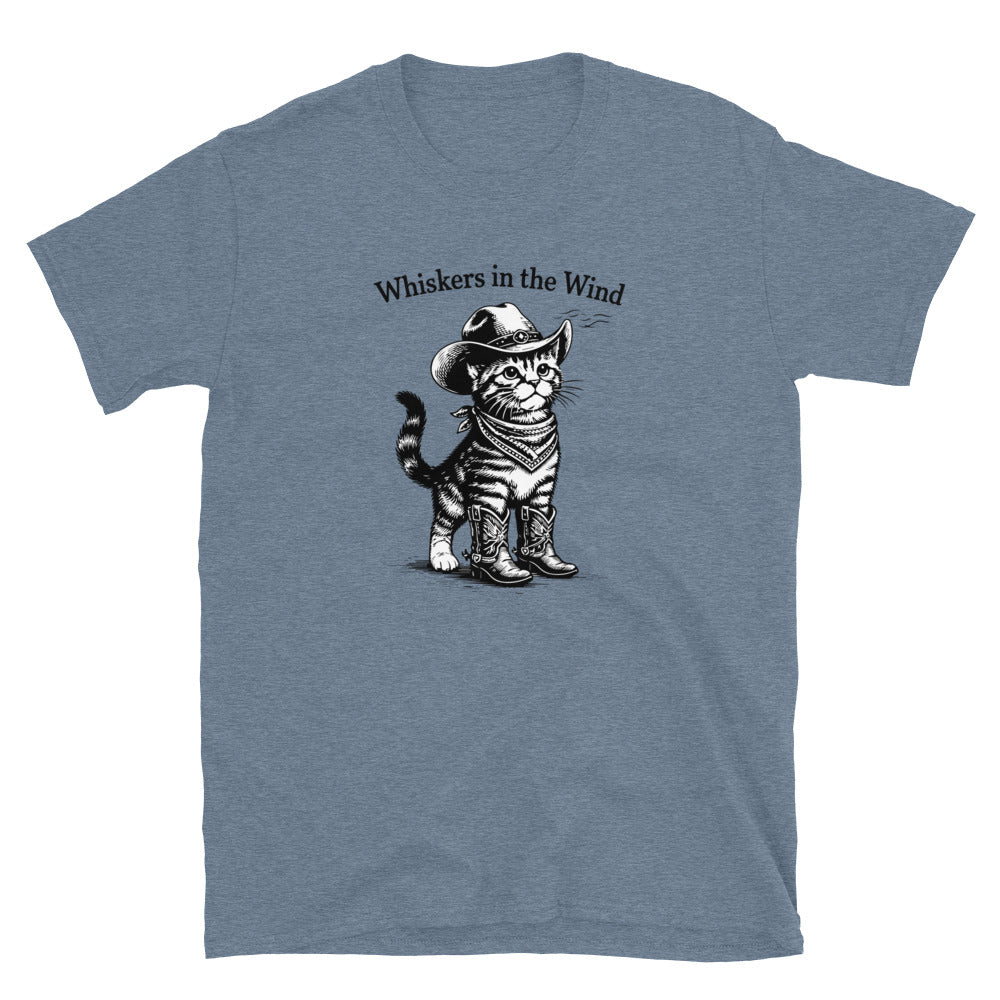 Blue t-shirt with a cat wearing a cowboy hat graphic and 'Whiskers in the Wind' text.