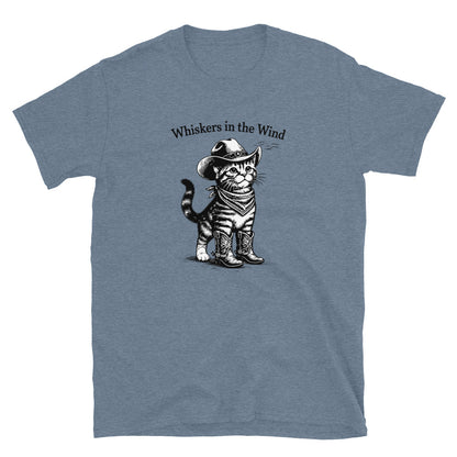 Blue t-shirt with a cat wearing a cowboy hat graphic and 'Whiskers in the Wind' text.