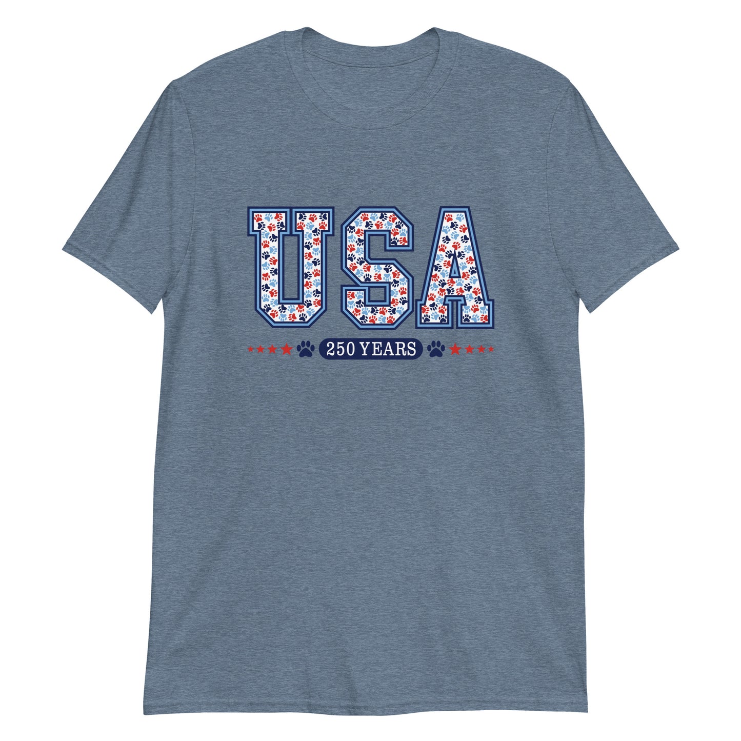 Blue Shirt with the words USA and 250 Years with paw prints in red white and blue