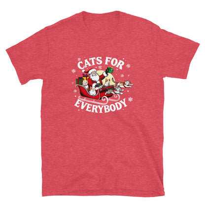 Santa in a sleigh being led by cats that says cats for everybody design on a red shirt