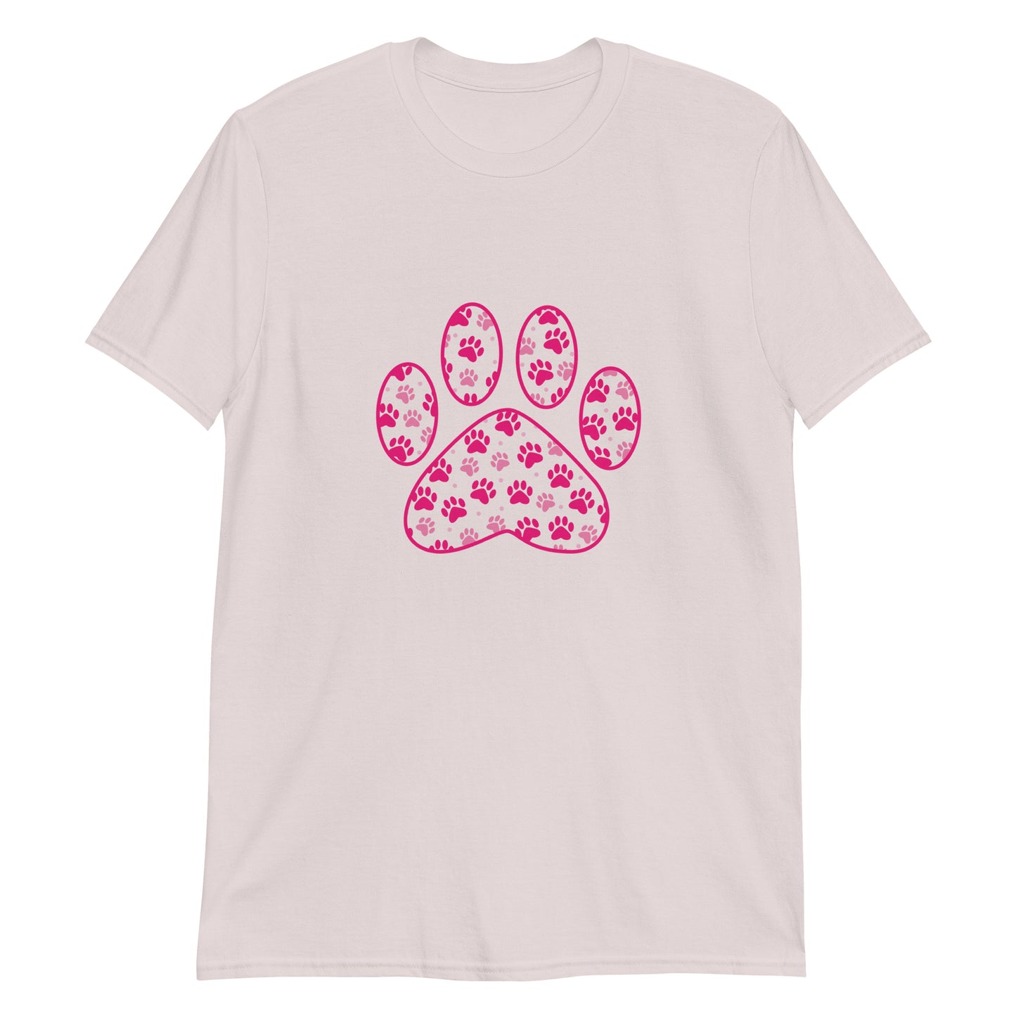 Ice Gray short sleeve shirt with a pink paw print filled with mini pink paw prints