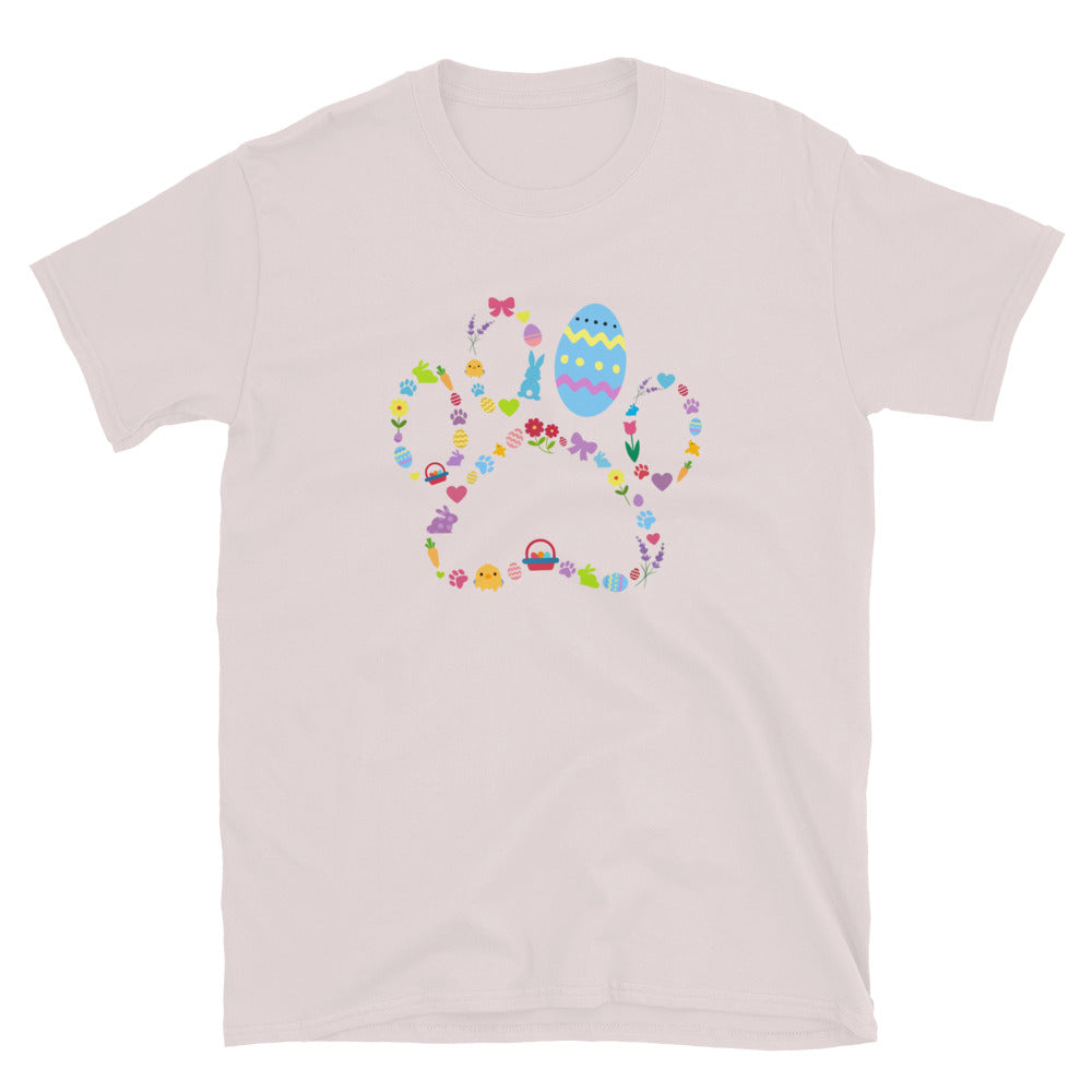 Beige t-shirt with colorful Easter design on a white background