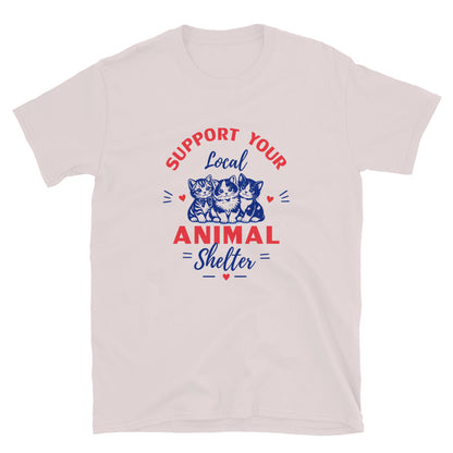 T-shirt with 'Support Your Local Animal Shelter' text and cat illustrations on a beige background