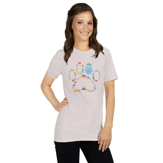 Woman wearing a light gray t-shirt with a colorful design on a white background
