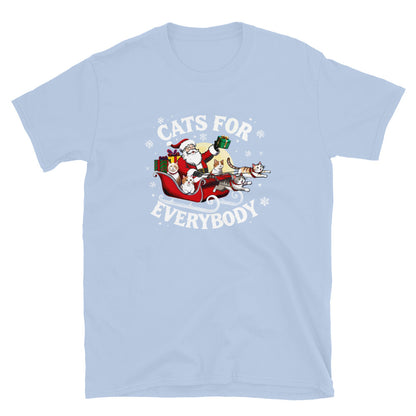 Santa in a sleigh being led by cats that says cats for everybody design on a light blue shirt