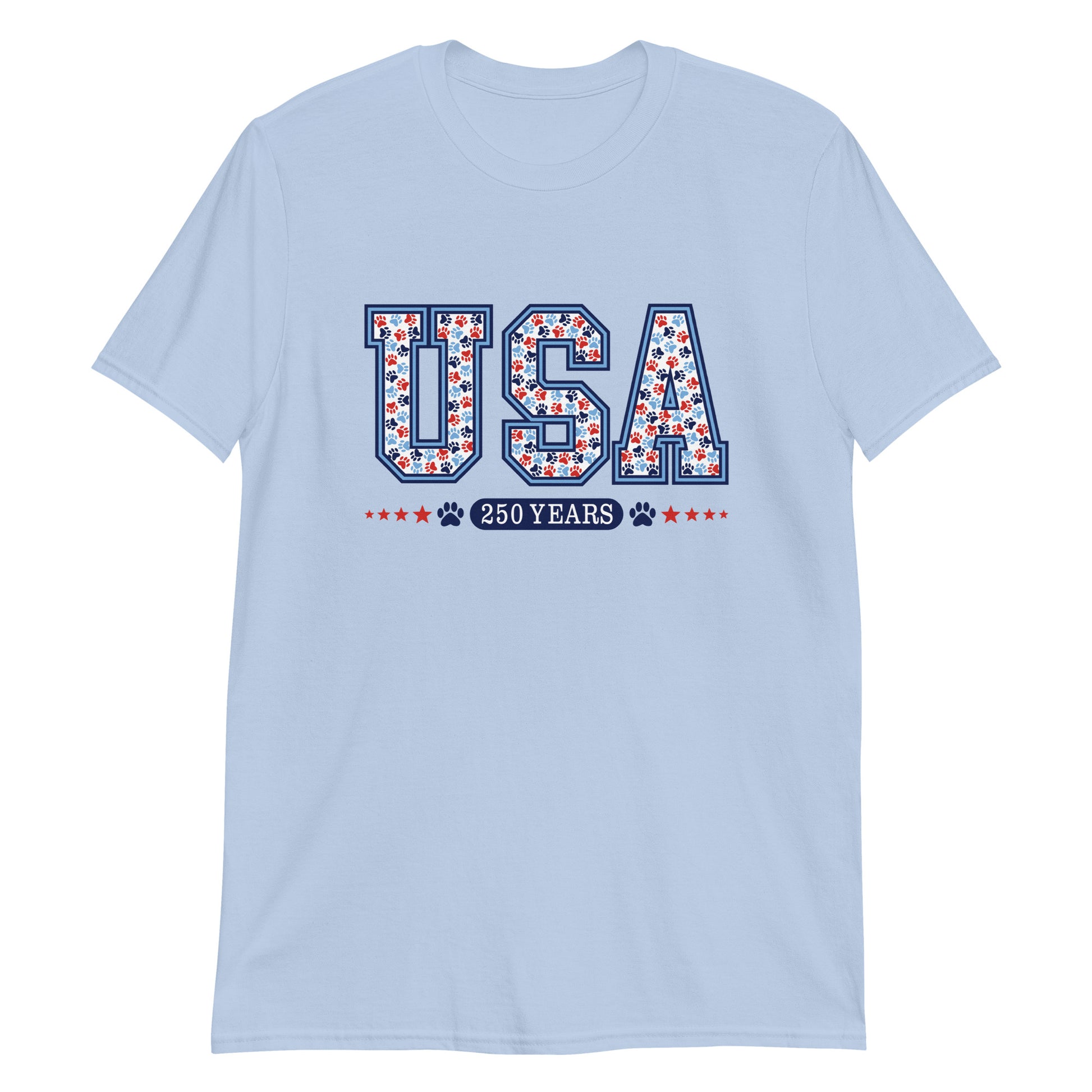 Light blue t-shirt with 'USA 250 Years' text and paw print design on a white background