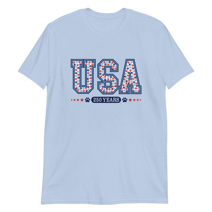 Light blue t-shirt with 'USA 250 Years' text and paw print design on a white background