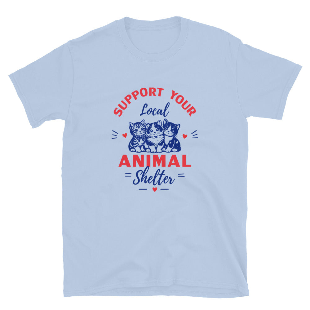 Light blue t-shirt with 'Support Your Local Animal Shelter' text and cat illustrations on a white background