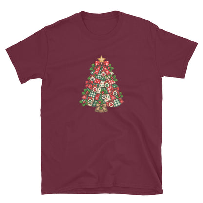 A maroon short-sleeve crewneck t-shirt featuring a graphic of a Christmas tree made of patterned holiday ornaments, set against a plain white background.