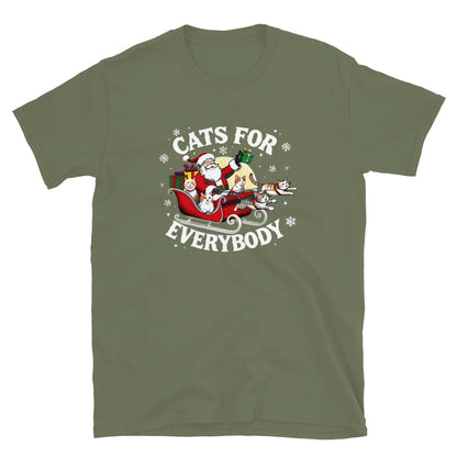Santa in a sleigh being led by cats that says cats for everybody design on a military green shirt