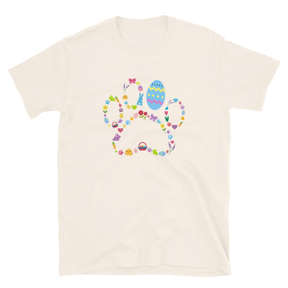 Beige t-shirt with Easter-themed design featuring colorful graphics on a white background