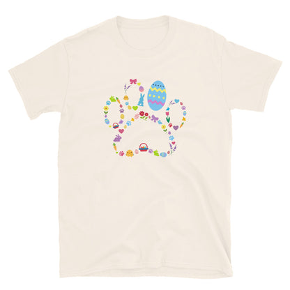 Beige t-shirt with Easter-themed design featuring colorful graphics on a white background