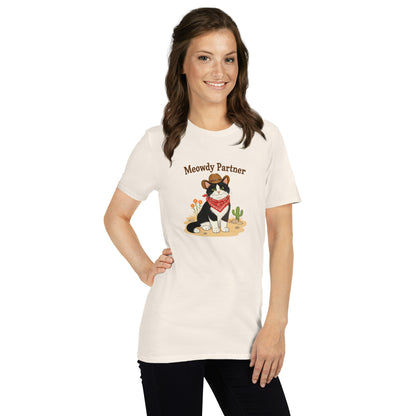 Women wearing a white shirt featuring a cat dressed up as a cowboy that says Meowdy Partner