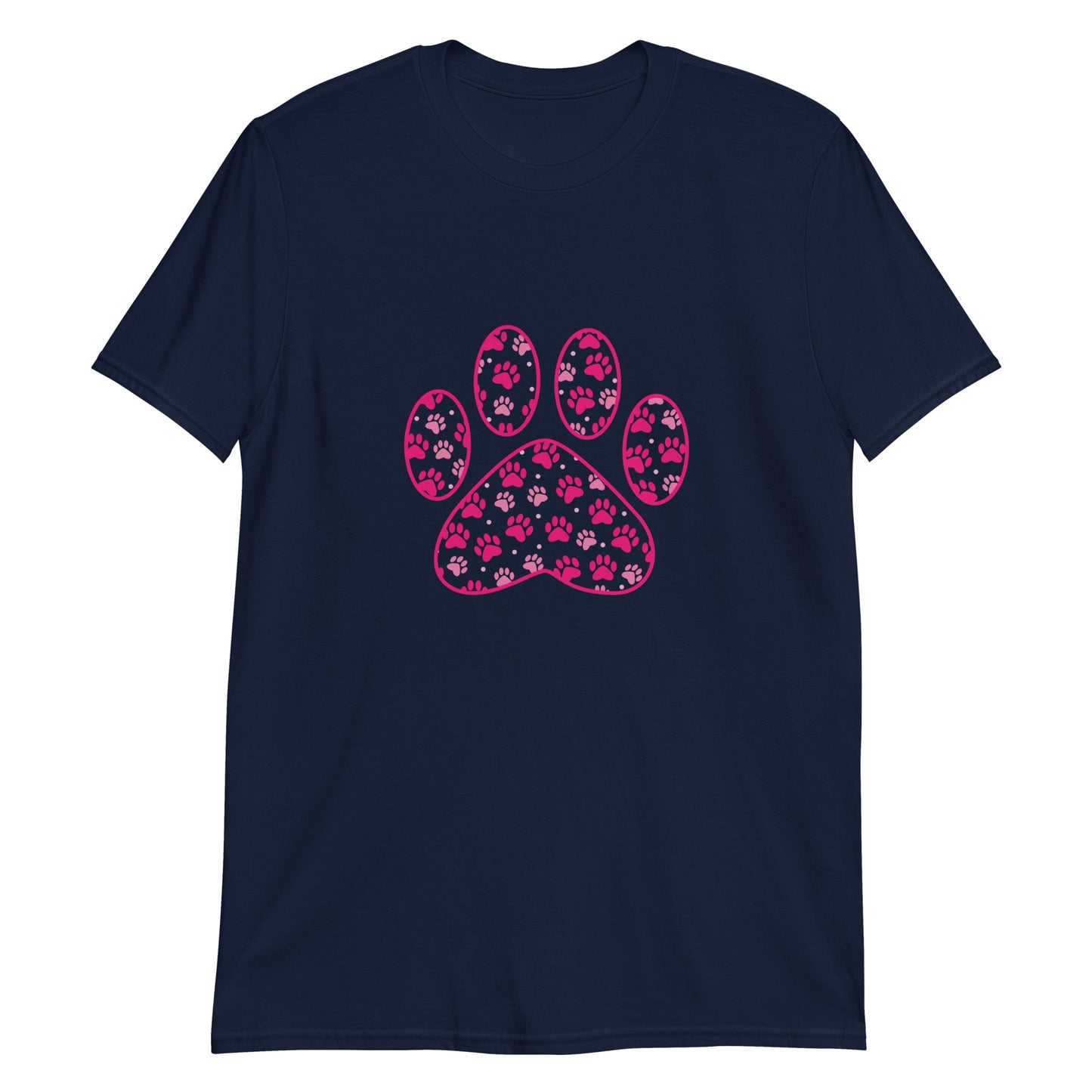 Dark Navy short sleeve shirt with a pink paw print filled with mini pink paw prints
