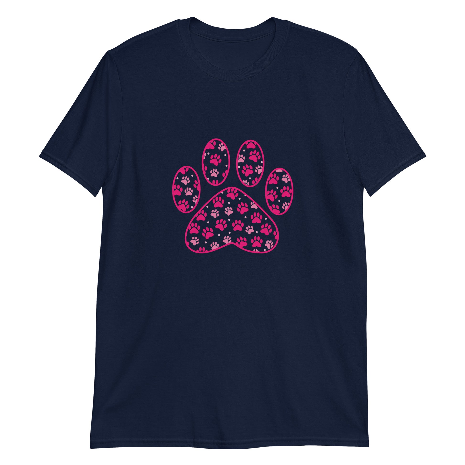 Dark Navy short sleeve shirt with a pink paw print filled with mini pink paw prints