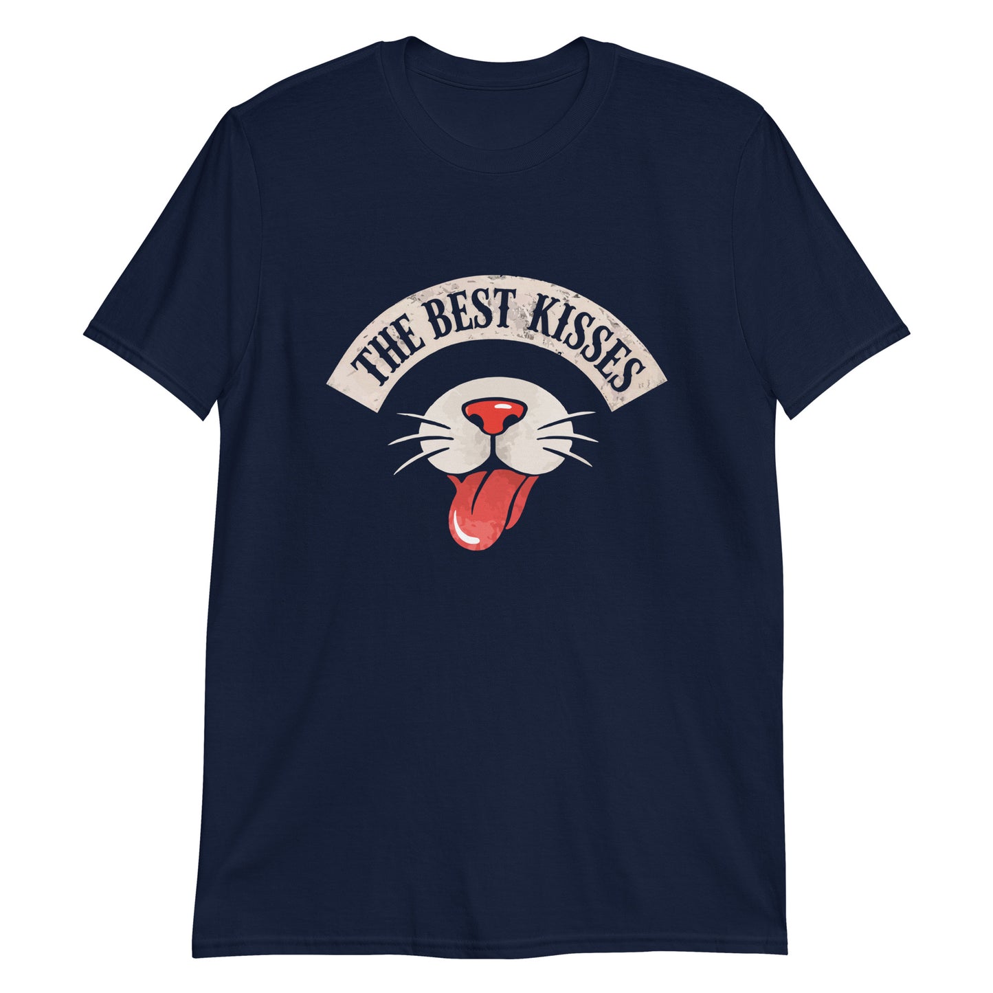 Navy t-shirt with a graphic of a cat's face and 'The Best Kisses' text on a white background